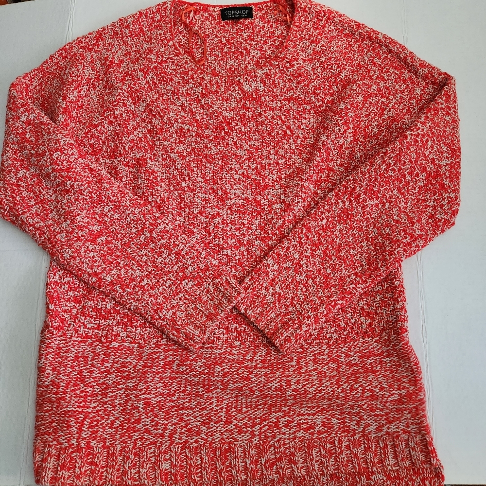 Topshop Oversized Knit Sweater in Read and White